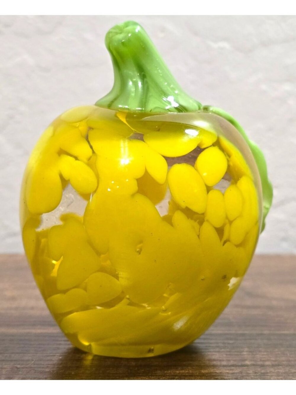 Handblown Yellow Glass Apple Paperweight With Green Leaf & Stem 4-Inch